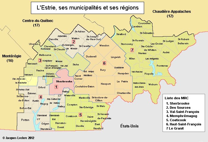 Carte de la région administrative de l'Estrie avec les MRC